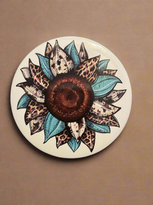 TEAL/ANIMAL PRINT SUNFLOWER- POCKET MIRROR